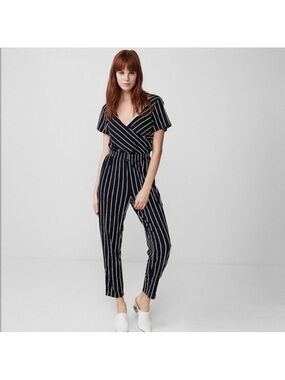 Express Black & White Stripe V-Neck Jumpsuit, Small